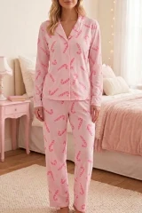 Baston Şeker Desenli Uzun Kollu Pijama Takımı 4601 -Pembe