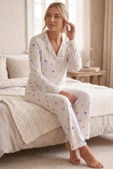 Renkli Kalp Desenli Uzun Kollu Pijama Takımı 4603 -Kar Beyaz