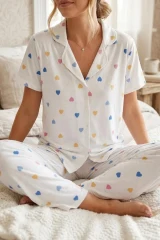 Renkli Kalp Desenli Düğmeli Kısa Kollu Pijama Takımı 4591 Kar Beyaz