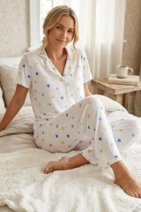 Renkli Kalp Desenli Düğmeli Kısa Kollu Pijama Takımı 4591 Kar Beyaz