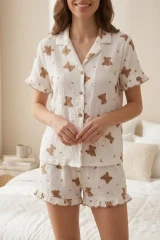 Ayıcık Desenli Fırfır Detaylı Şortlu Pijama Takımı 8073 Kar beyaz
