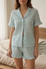 Kare Desenli Fırfır Detaylı Şortlu Pijama Takımı 8070 Yeşil