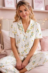Çiçek Baskılı Bürümçük kumaş Kısa Kollu Pijama Takımı 6067 Çok Renkli