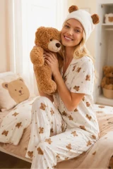 Ayıcık Desenli Bürümçük kumaş Kısa Kollu Pijama Takımı 6068 Kırık Beyaz