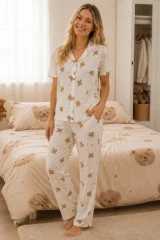 Ayıcık Desenli Bürümçük kumaş Kısa Kollu Pijama Takımı 6068 Kırık Beyaz