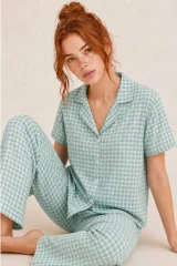 Kare Desenli Bürümçük kumaş Kısa Kollu Pijama Takımı 6065 Su Yeşili