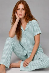 Kare Desenli Bürümçük kumaş Kısa Kollu Pijama Takımı 6065 Su Yeşili