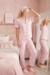 Pembe Kurdele Desenli Bürümçük kumaş Kısa Kollu Pijama Takımı 6064