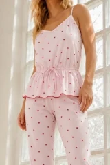 Kadın Ev Konforlu Lastikli Bel Pembe Pijama Takımı