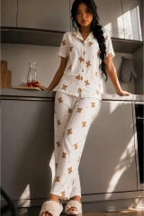 Kadın Zarif Yaka Dokulu Ferah Kırık Beyaz Pijama Takımı