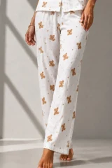 Kadın Klasik Doğal Düğme Gece Kırık Beyaz Pijama Takımı