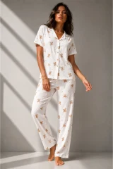 Kadın Klasik Doğal Düğme Gece Kırık Beyaz Pijama Takımı