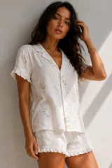Kadın Süprem Gömlek Şort Düğme Çok Renkli Pijama Takımı
