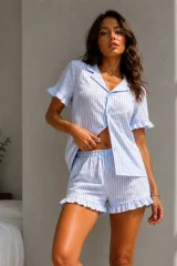 Kadın Süprem Gömlek Şort Düğme Mavi Pijama Takımı