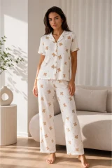Kadın Loose Uzun Paça Pamuk Kırık Beyaz Pijama Takımı