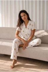 Kadın Loose Uzun Paça Pamuk Kırık Beyaz Pijama Takımı