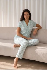 Kadın Loose Uzun Paça Pamuk Su Yeşili Pijama Takımı