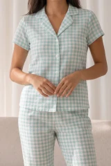 Kadın Loose Uzun Paça Pamuk Su Yeşili Pijama Takımı