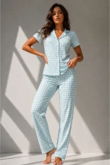 Kadın Klasik Doğal Düğme Gece Su Yeşili Pijama Takımı