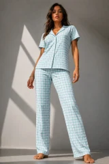 Kadın Klasik Doğal Düğme Gece Su Yeşili Pijama Takımı