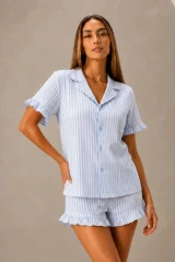 Kadın Günlük Düğmeli V Yaka Mavi Pijama Takımı