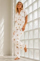 Kadın Genç Loose İpliği Boyalı Kırık Beyaz Pijama Takımı