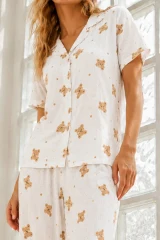 Kadın Genç Loose İpliği Boyalı Kırık Beyaz Pijama Takımı