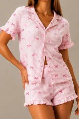 Kadın Günlük Düğmeli V Yaka Pembe Pijama Takımı