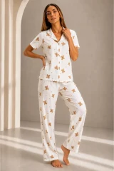 Kadın Kısa Kol Rahat Kalıp Şık Kırık Beyaz Pijama Takımı
