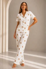 Kadın Kısa Kol Rahat Kalıp Şık Kırık Beyaz Pijama Takımı