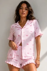 Kadın Süprem Gömlek Şort Düğme Pembe Pijama Takımı