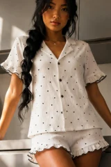 Kadın Cool Elastanlı Beyaz Pijama Takımı Yazlık