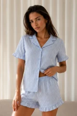 Kadın Düz Pamuk Homewear Mavi Pijama Takımı