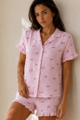 Kadın Düz Pamuk Homewear Pembe Pijama Takımı