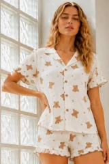 Kadın Örme Pamuklu Mini Kar Beyaz Pijama Takımı