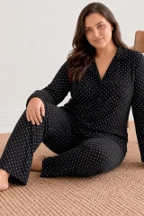 Kadın Puantiyeli Düğmeli Siyah Pijama Takımı 852
