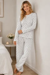 Kadın Kalpli Uzun Kol Rahat Pijama Takımı 4673 Beyaz