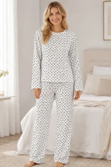 Kadın Kalpli Uzun Kol Rahat Pijama Takımı 4673 Beyaz