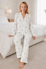 Kadın Desenli Relaxed Beyaz Pijama Takımı 4661