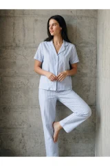 V Yaka Düğmeli Casual Mavi Pijama Takımı