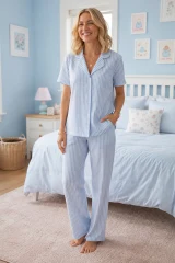 Mavi Beyaz Çizgili Bürümçük kumaş Kısa Kollu Pijama Takımı 4464