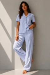Kadın Klasik Doğal Düğme Gece Mavi Pijama Takımı
