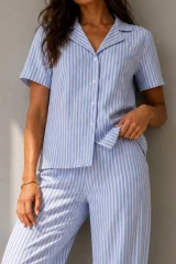 Kadın Klasik Doğal Düğme Gece Mavi Pijama Takımı