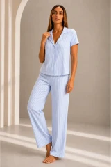 Kadın Kısa Kol Rahat Kalıp Şık Mavi Pijama Takımı