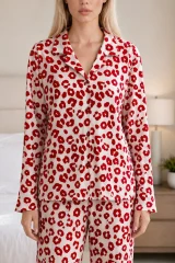 Kadın Desenli Esnek Bol Kırmızı Pijama Takımı 4735 L Kırmızı Kırmızı