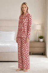 Kadın Desenli Esnek Bol Kırmızı Pijama Takımı 4735 L Kırmızı Kırmızı