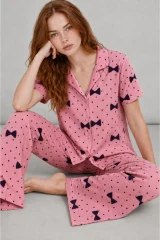 Kadın Kısa Kol Desenli Pembe Pijama Takımı 4729