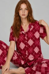 Kadın Kısa Kol Desenli Kırmızı Pijama Takımı 4730