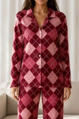 Kadın Desenli Basic Kış Kırmızı Pijama Takımı