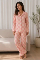 Kadın Desenli Basic Kış Pembe Pijama Takımı